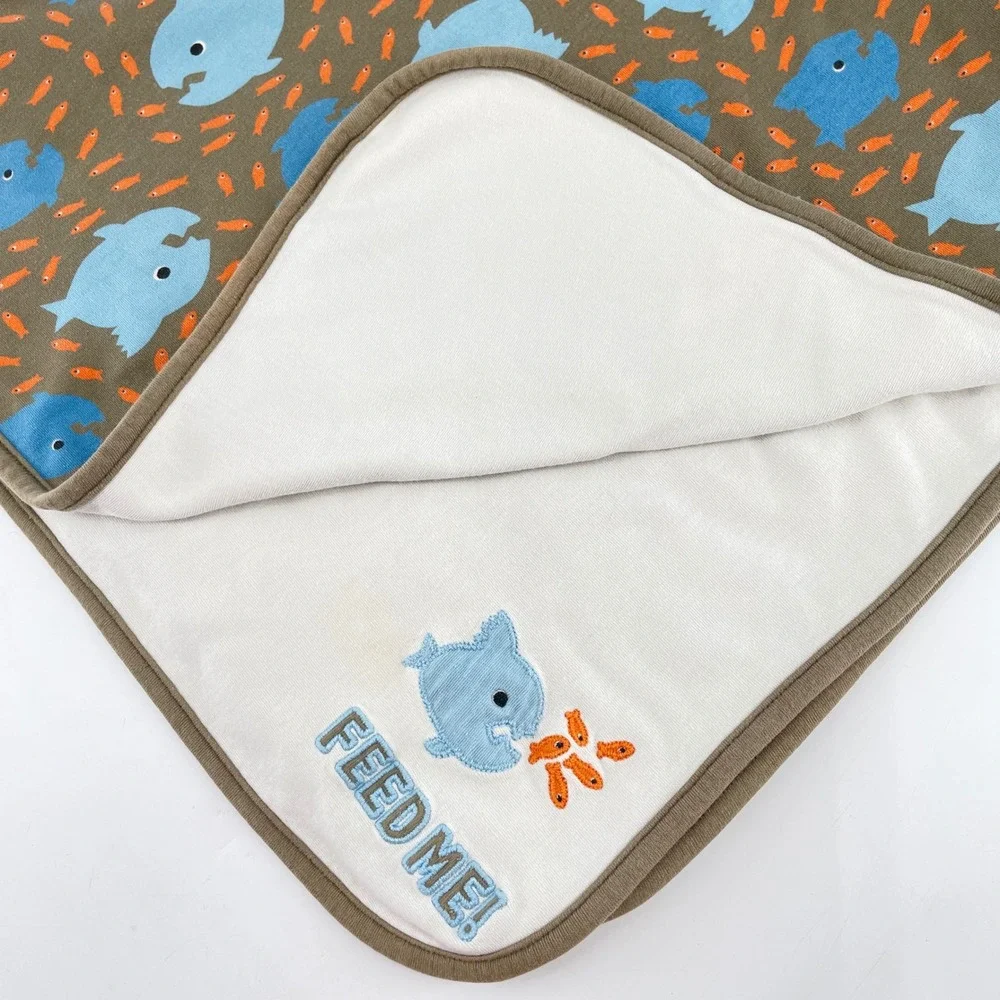 Gymboree Vintage Reversible Baby Blanket Fish Piranha Feed Me Blue Brown Cotton